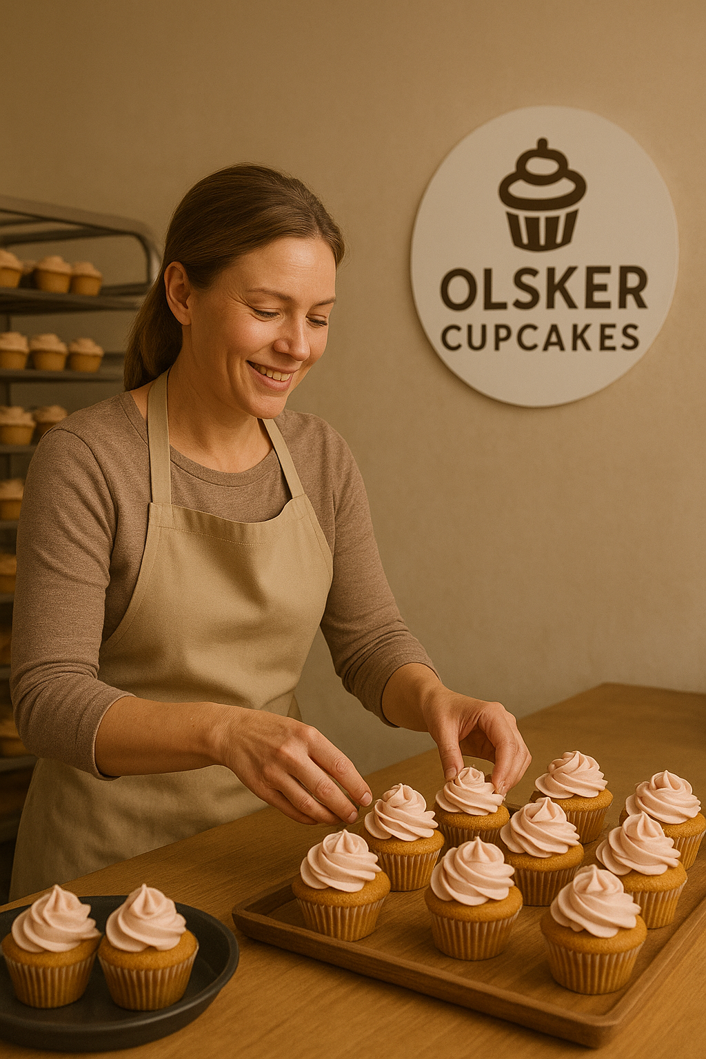 Employee serving cupcakes inside Olsker Cupcakes
